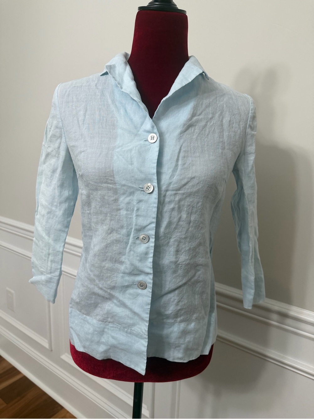 MICHAA Luxury Blue 100% Ramie Linen-Look Button Up Blouse Korea‎ Size S/M